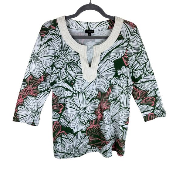 Talbots Pima Cotton Modal White Green Pink Floral 3/4 Sleeve Lightweight Top MP - Picture 1 of 5